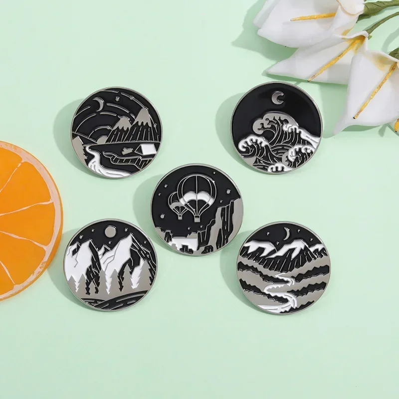 Cute Pins Creative Outdoor Scenery Brooch Chinese Wind Sea Wave Starry Sky High Mountains Flowing Water Metal Badge