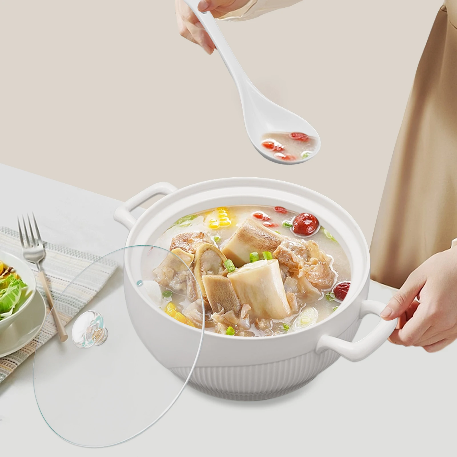 25*13.5cm1500ml Ceramic Soup Tureen Porcelain Serving Soup Tureen with Practical Soup Ladle Ceramic Glass