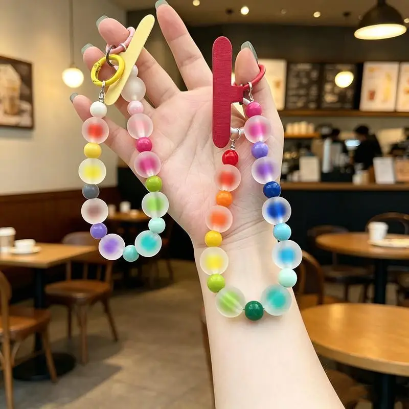 Rainbow Frosted Jelly Bead Phone Lanyard Strong Load Bearing Double Clasp Anti-Lost Wrist Strap for Heavy Small Items