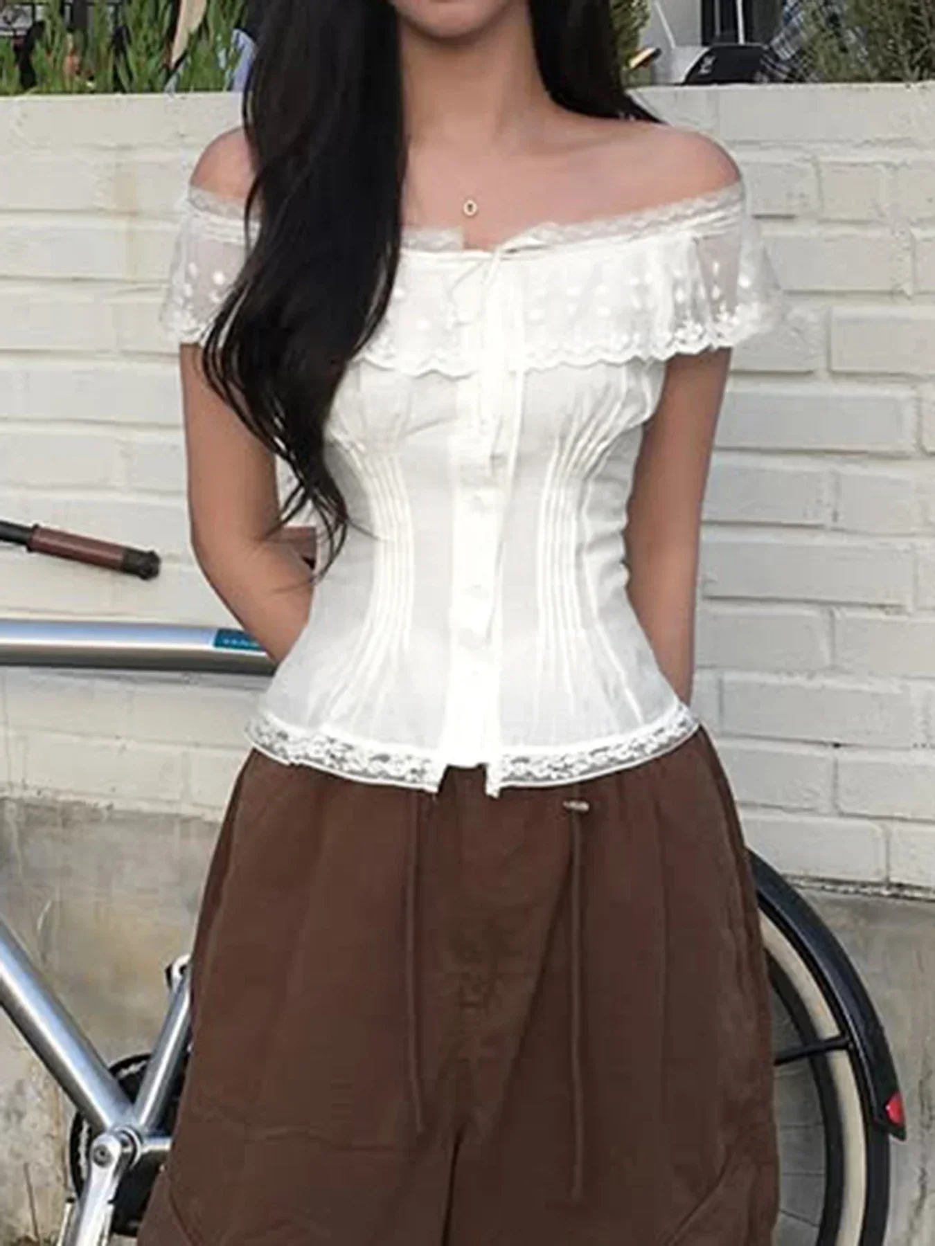 

Fashion Lace Spliced Slim Fit Slash Neck T-Shirts Ruched Sweet Style Solid Chic Cute Design Women Blouses