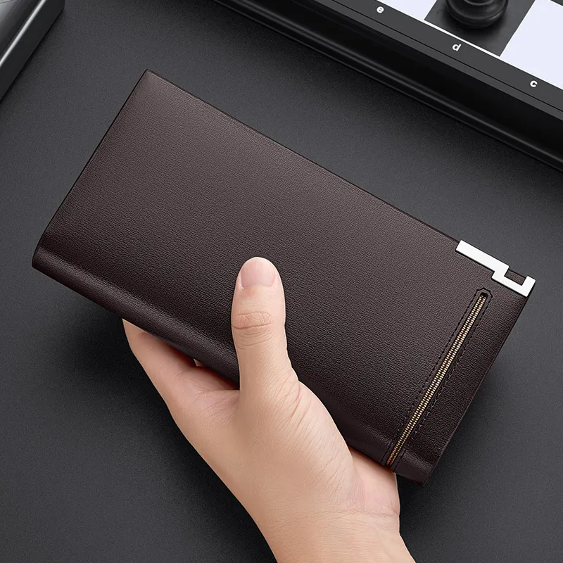 Men's leather wallet, long fashionable card holder, high-end large capacity handbag, personalized coin pocket, card bag