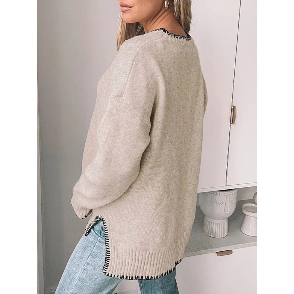Women Crew Neck Knit Sweater Contrast Stitch Trim Long Sleeve Side Slit Loose Pullover Jumper Casual Fall Winter Knitwear