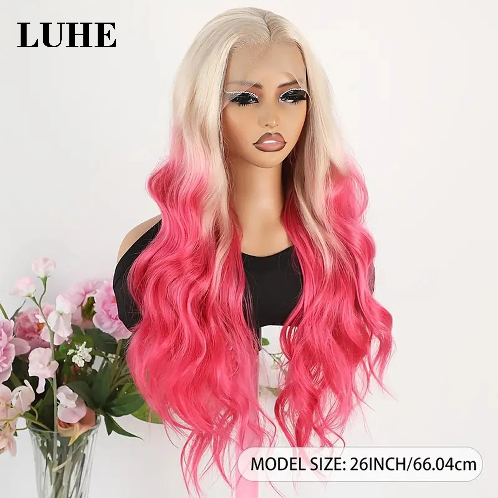 Ombre Blonde Pink Wavy Synthetic Hair Wig 13x3 Lace Front Wigs for Black Women Cosplay 26Inch Long Natural Wave Lace Frontal Wig