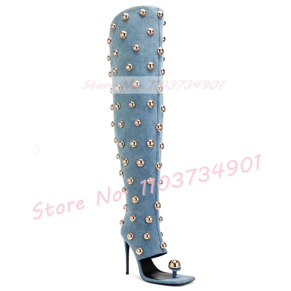 Metal Rivet Hollow Flip Flops Denim Boots Women Zipper Over Knee High Square Open Toe Shoes Female Fashion Punk High Heels Boots