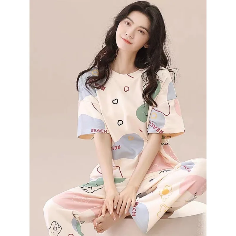 Pyjamas Set for Women‘s Short Sleeve Long Pants Student Casual Cartoon Bear Sweet Cuet Sleepwear Loungewear Romantic Nightwear