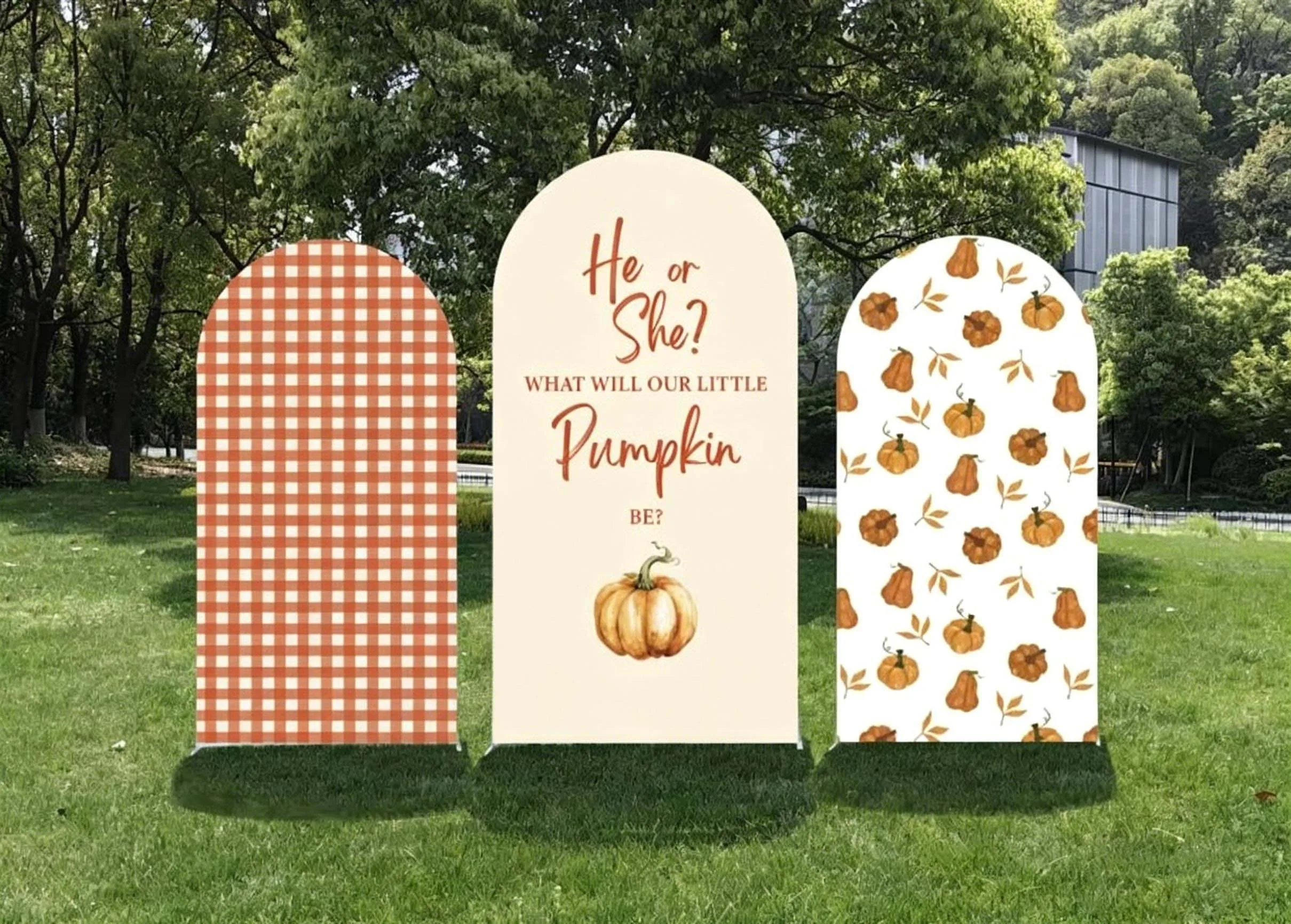 Custom 2-Side Pumpkin Gender Reveal Arch Backdrop Covers Leaves Lattice Birthday Party Baby Shower Decoration Photography