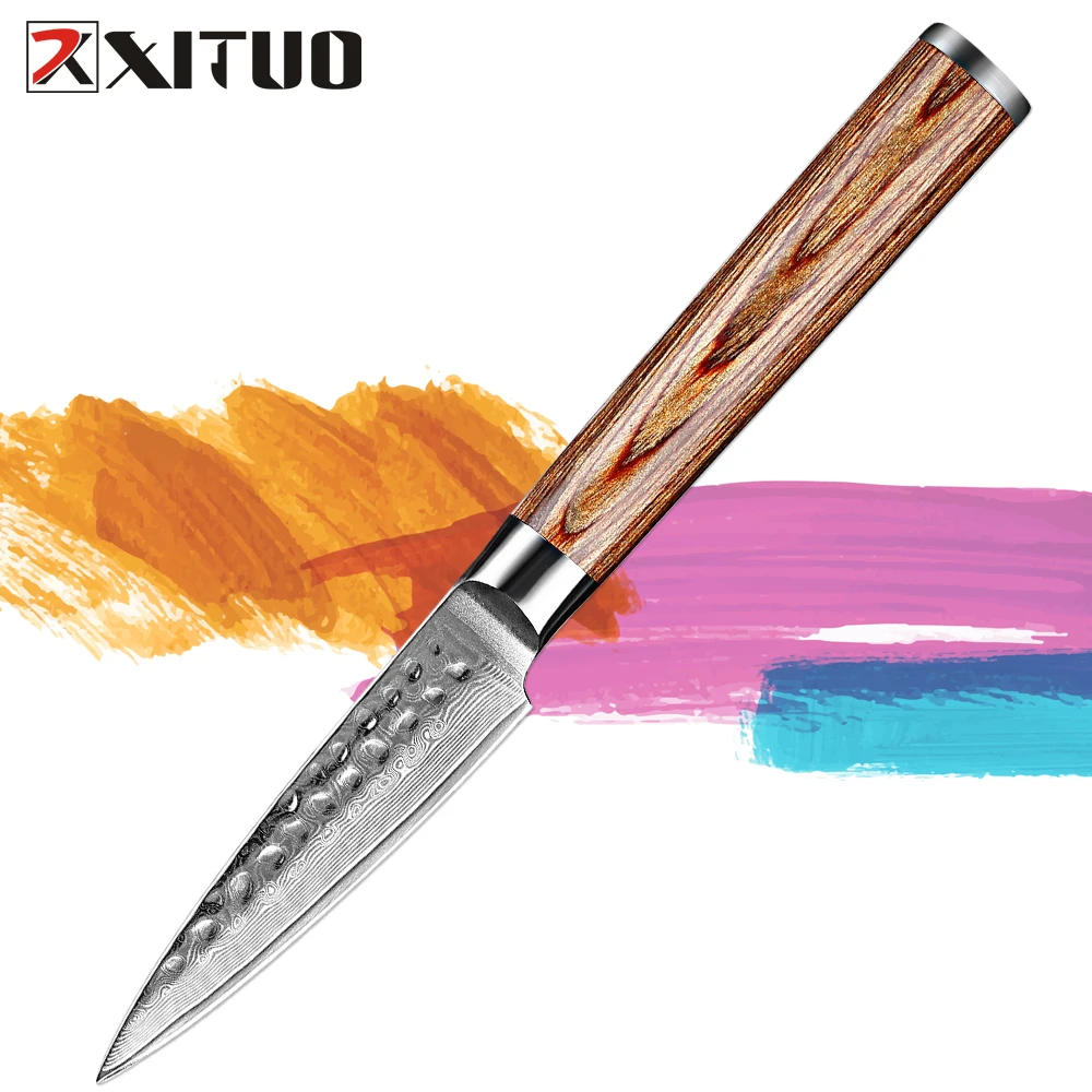 

XITUO Ultra-sharp Paring Knife Damascus Utility Knife Japanese VG10 Steel Core Peeling Knife with Golden Wood Handle Fruit Knife