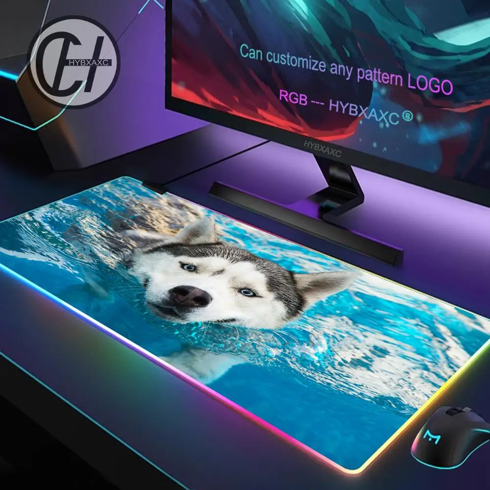 HYBXAXC Mouse Pad RGB Gaming Mouse Pad Desk Mat HD Gamer Large LED Light XXL Dog Husky RGB Gaming Mouse Pad 900X400X3MM