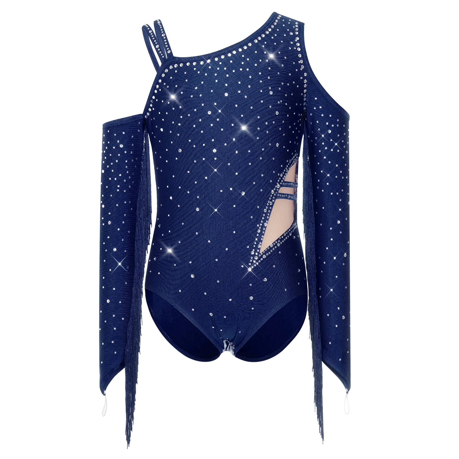Children Girls Tassel Long Sleeve Rhinestone Cutout Figure Skating Gymnastics Ballet Leotard Latin Dance Cha-cha Samba Bodysuit