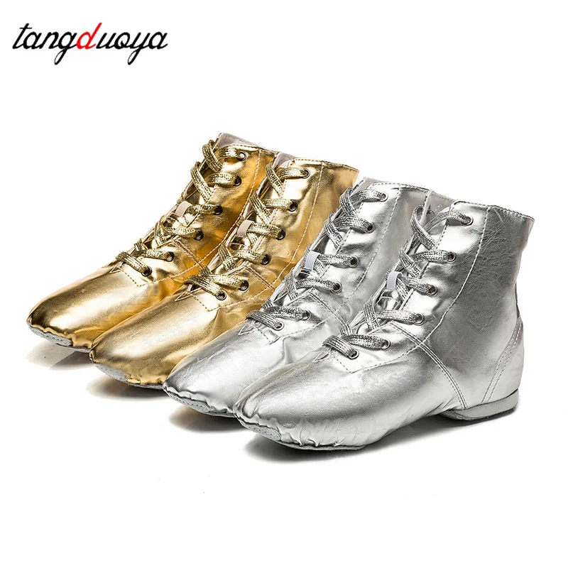 Plus Size Gold Silver Jazz Shoes PU Modern Dance Stage Performances Boots Square Soft Sole Sneakers Split Heel Sole Dance Shoes