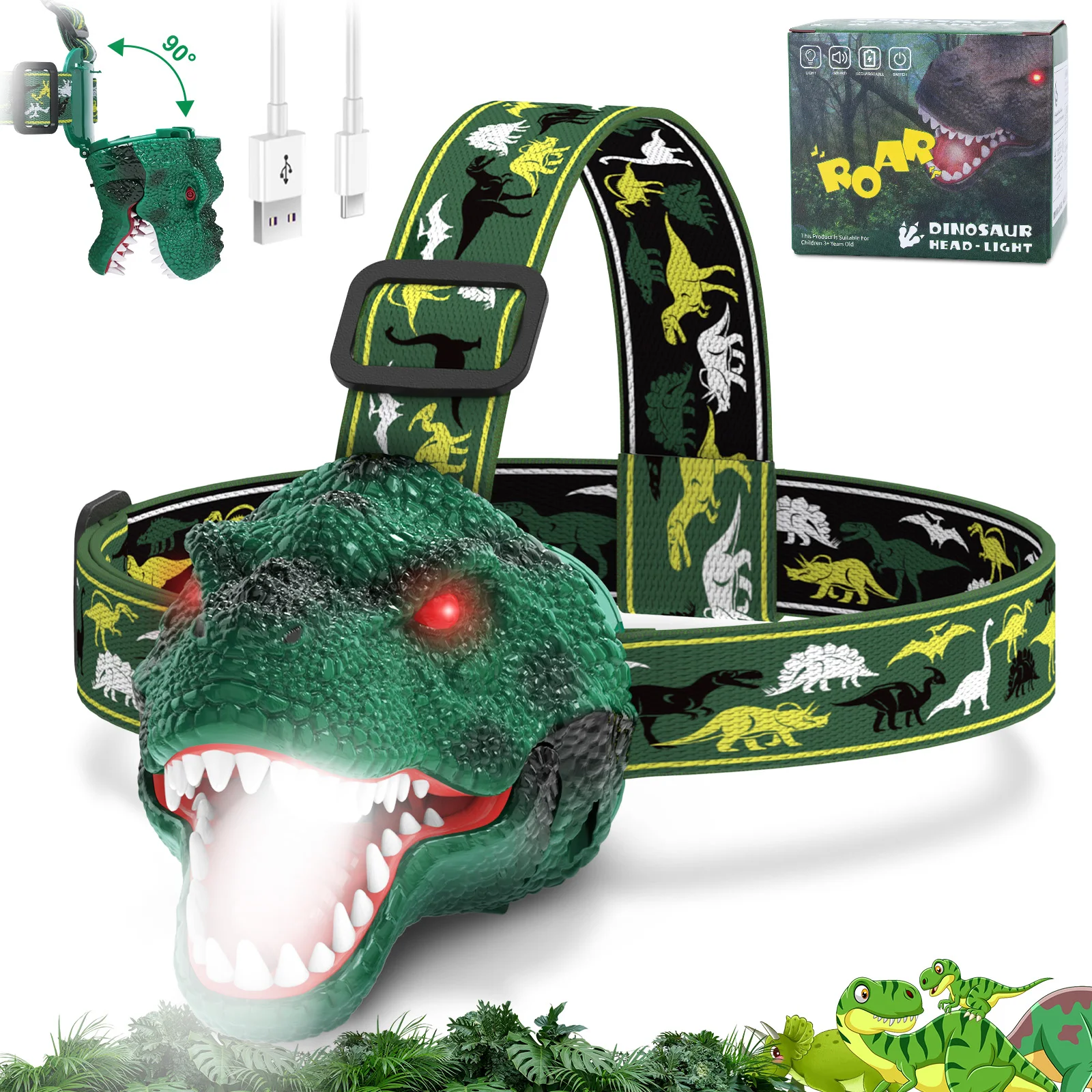 Dinosaur LED Headlamp - USB Rechargeable 90° Rotating, Bright Glow for Home Decor, Parties, ,Christmas, Valentine'S Day Gift