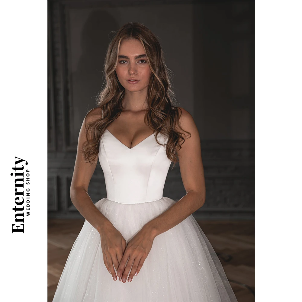 Vestidos de novia sencillos personalizados, Vestidos de novia de satén con tirantes finos y cuello en V de tul brillante Para Mujer