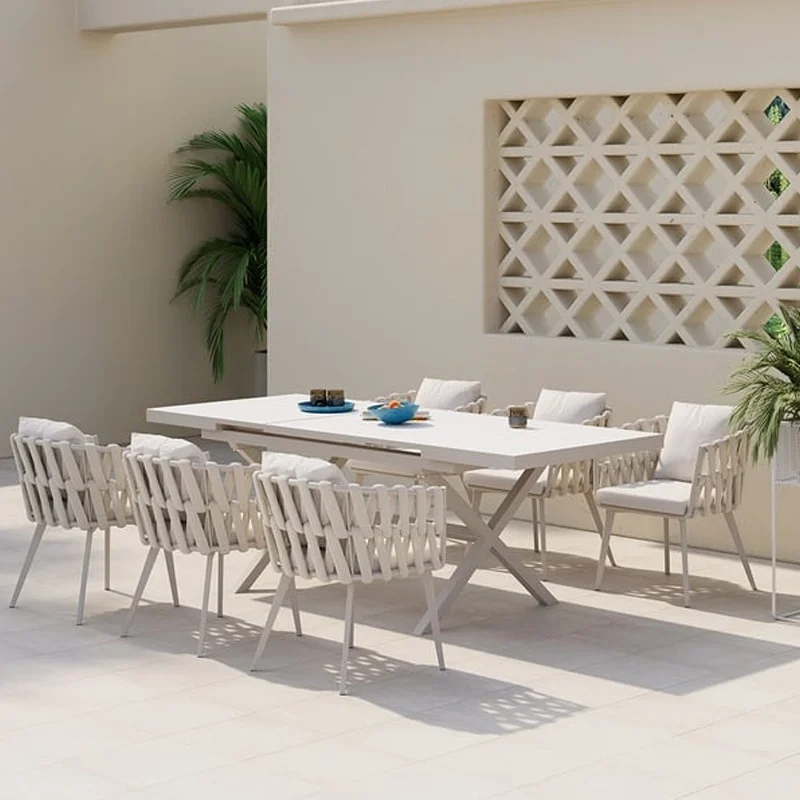 Factory Direct Outdoor Patio Tables and Chairs Rope-Woven Teak Waterproof Sun-Resistant Modern Garden Set