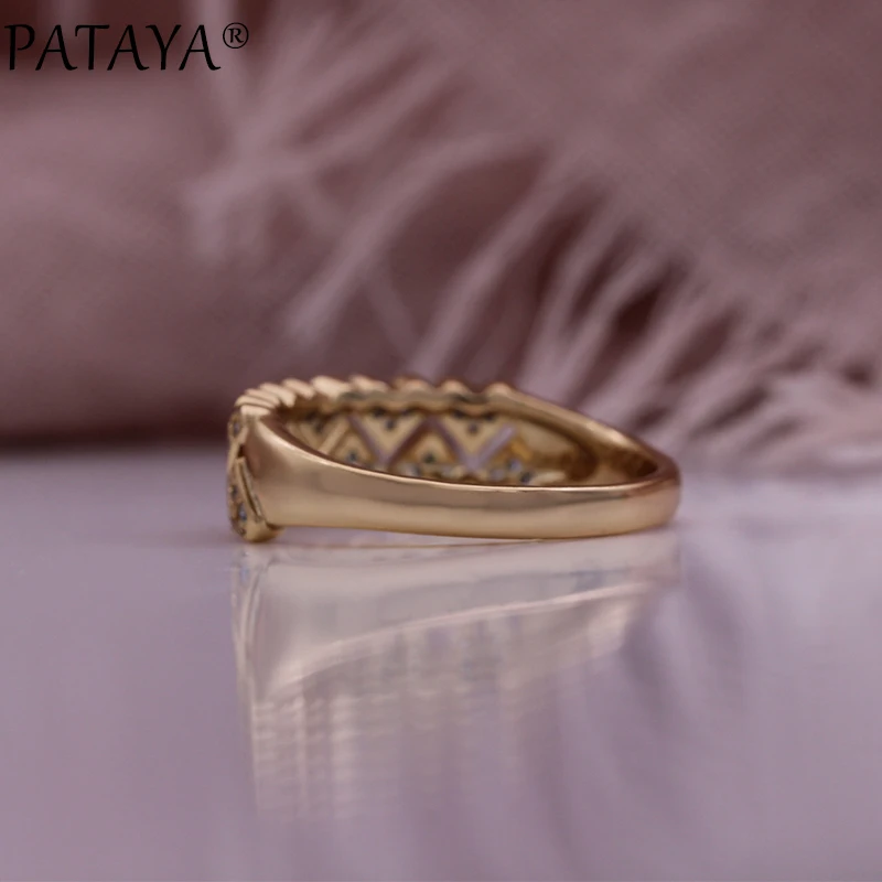 PATAYA New Unique Design Champagne Gold Color Rings for Women Girl Fashion Geometric Natural Zircon High Quality Daily Jewelry