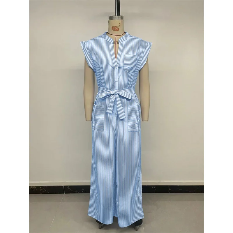 

Faionable Striped Women's Jumpsuit Casual High Waist Wide Leg Pants Street Sle Long Pants Polyester Spring Season