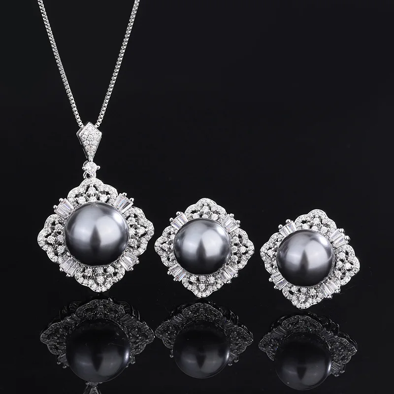 Grey Imitation Pearl Jewelry Set for Women 2pcs Stud Earring Necklace White Gold Plated Fashion Party Accessory Aniversary Gift