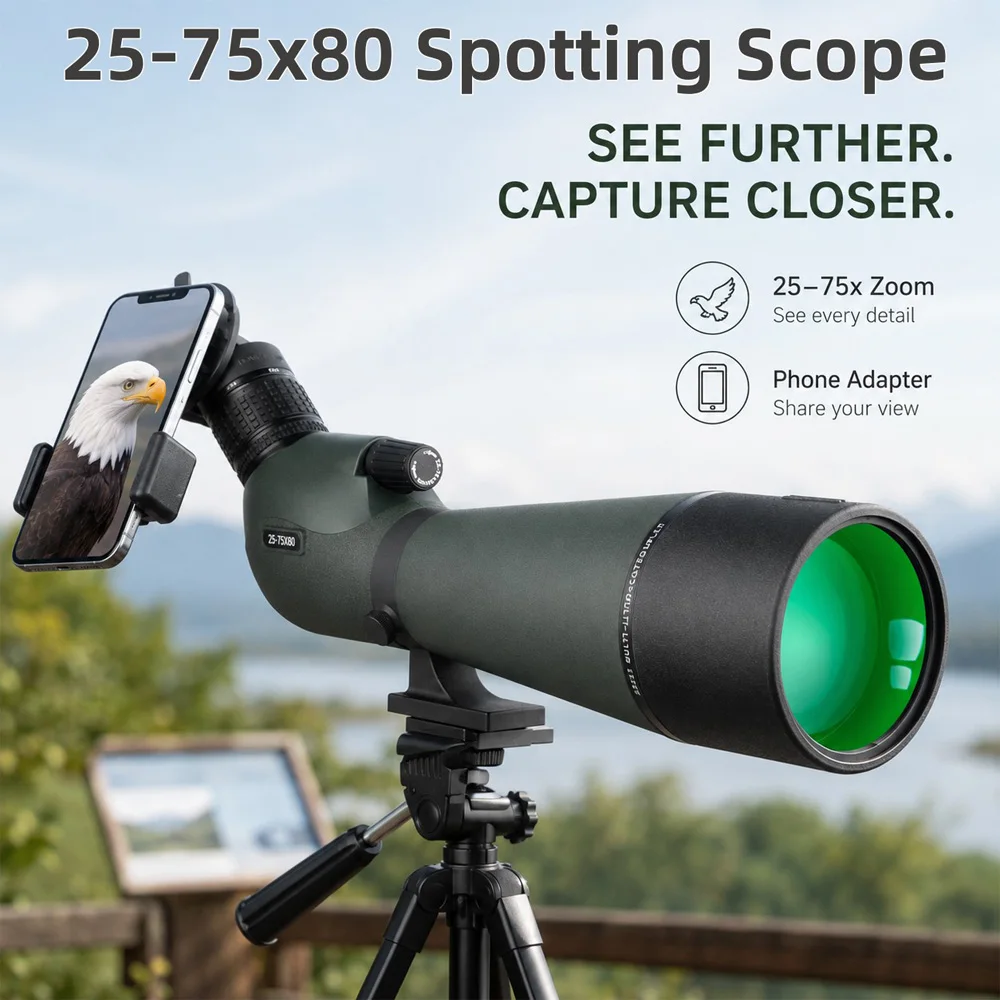 XIYAER 25-75x80 Spotting Scope HD BAK4 Prism Waterproof Telescope Equipped With Tripod Phone Holder & Storage Bag for Outdoor