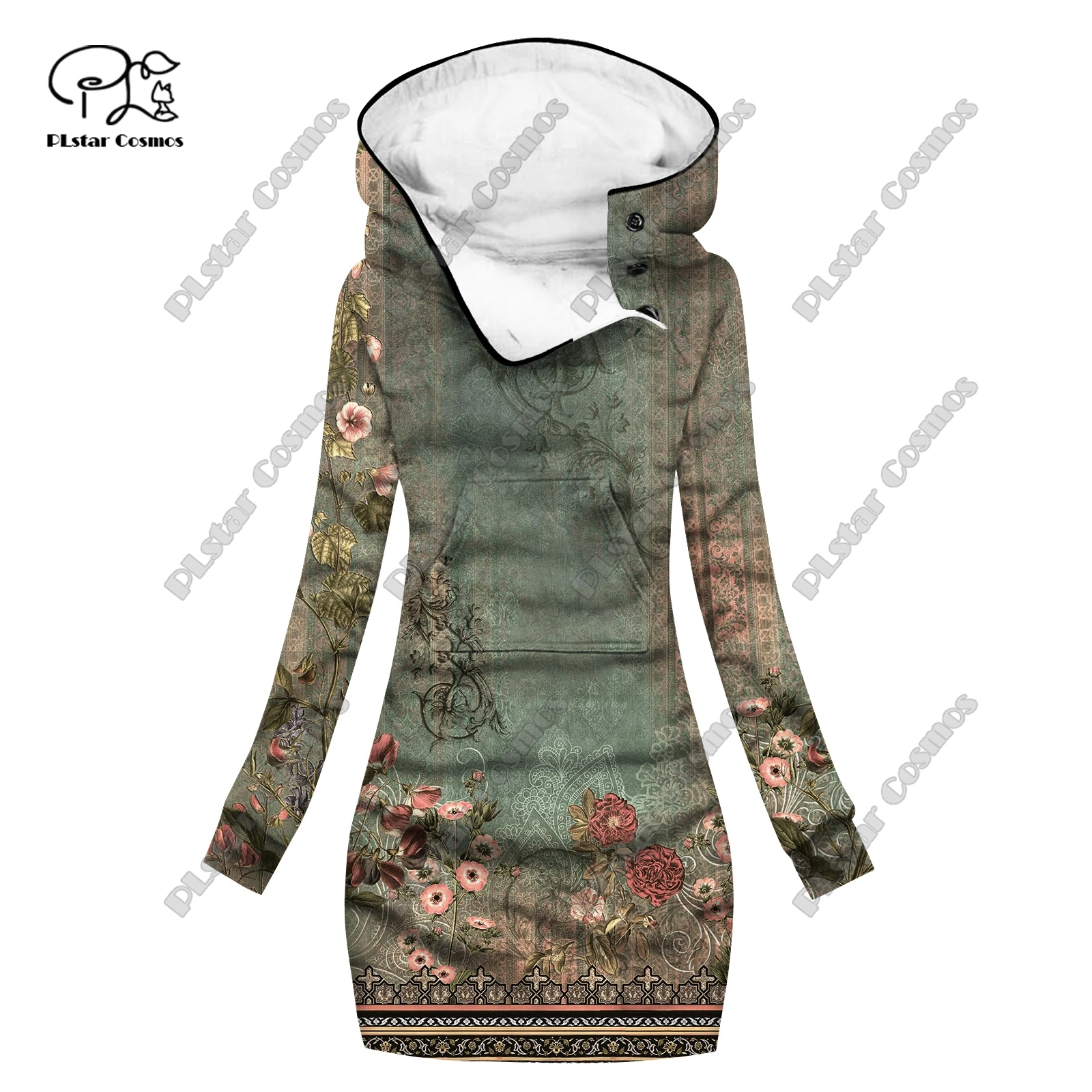 Sudadera larga con estampado 3D para mujer, vestido informal y cálido con cuello especial, patrón retro floral clásico, serie navideña,-2