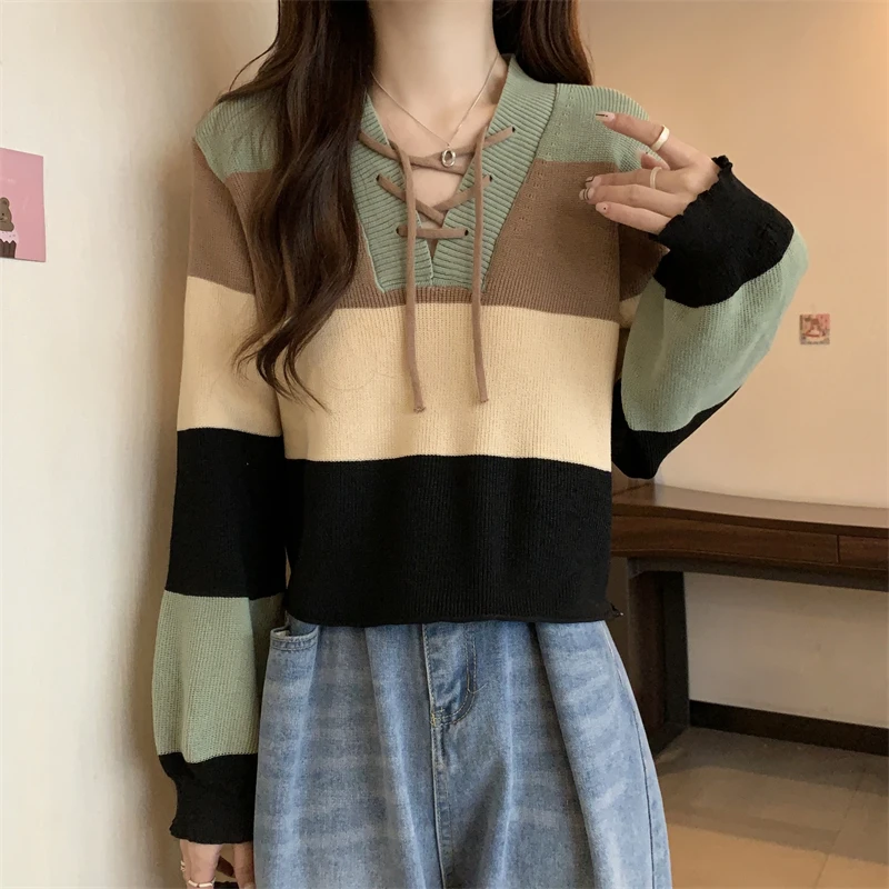 Korean Fashion Color matching Knitted Sweater Woman spring Pullover Harajuku lace up Cropped Tops korean Casual Jumper Sweaters