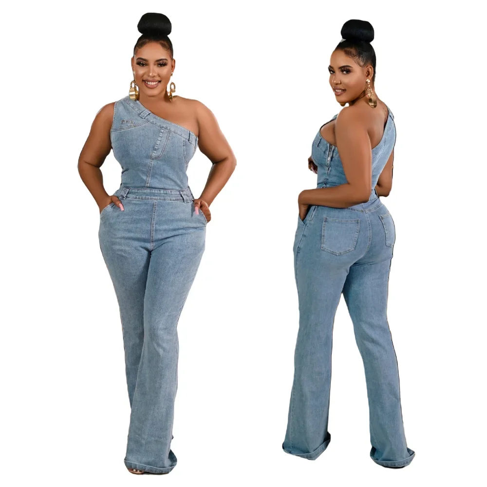 

Women's Skew Collar Sleeveless Cargo Flare Denim Jumpsuits - Washed Outfits, Street Club One-Piece Jeans Rompers for the Summer