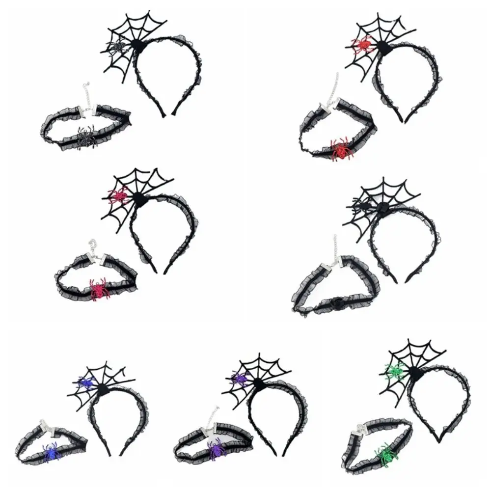 ตลกสีดําฮาโลวีนแถบคาดศีรษะ Ruffles ตาข่าย Hairband ชุดสร้อยคอคอสเพลย์ Props Hollow Spider Web Hairband ชาย/หญิง