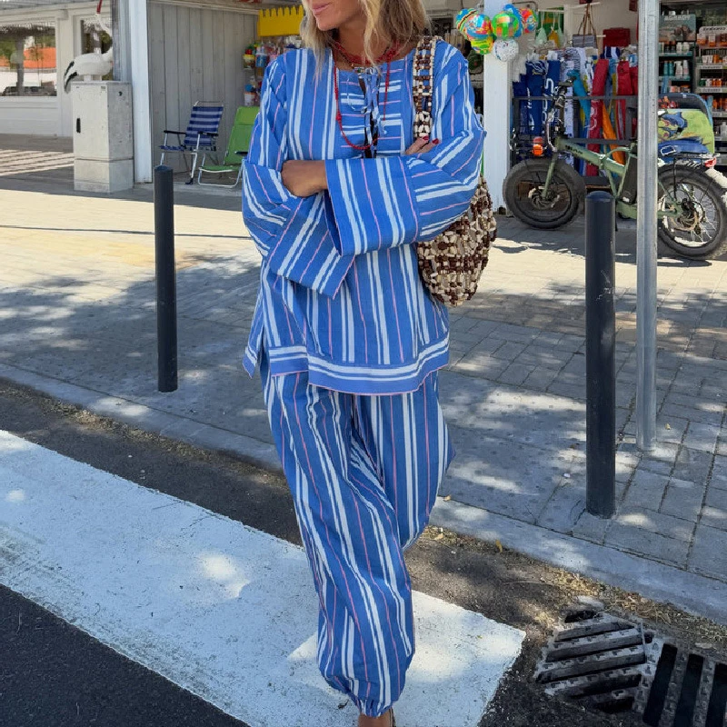 Fashion Stripe Print Loose 2 Piece Suit Fall Elegant Vacation Long Pant Set Round Neck Long Sleeve Shirt & Wide Leg Pant Outfit