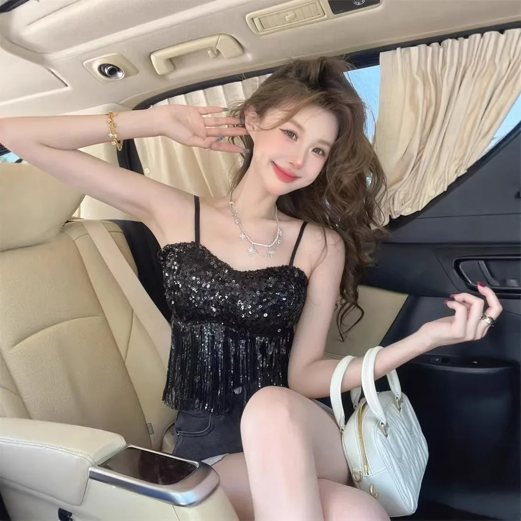 Shiny Sequin Strap Crop Top Women's Sleeveless Shiny Sequin Prevent Exposure Base Layer Tube Top Knitted Regular Thickness