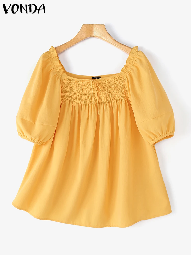 

VONDA Women's Blouses 2025 Summer Tunic Top Sexy Square Collar Casual Shirts Loose Puff Sleeve Lace-up Elegant Ruffled Blusas