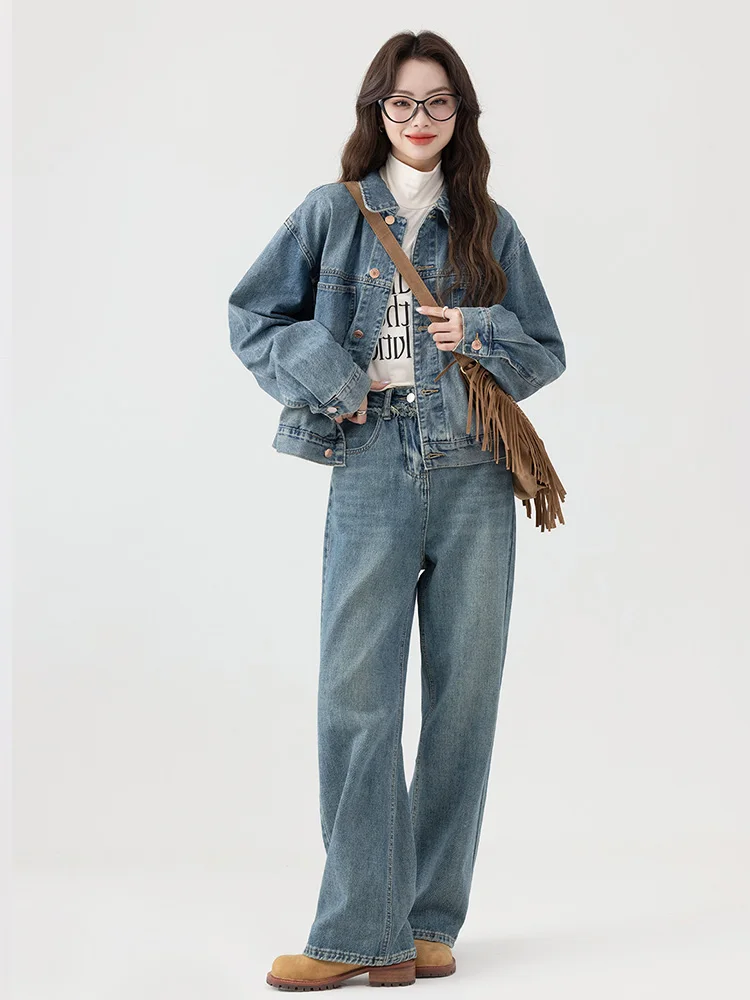 Damska kurtka jeansowa w stylu retro Hong Kong, luźna, uniwersalna, wyszczuplająca, zapinana na guziki, z kołnierzykiem, długa rękaw.