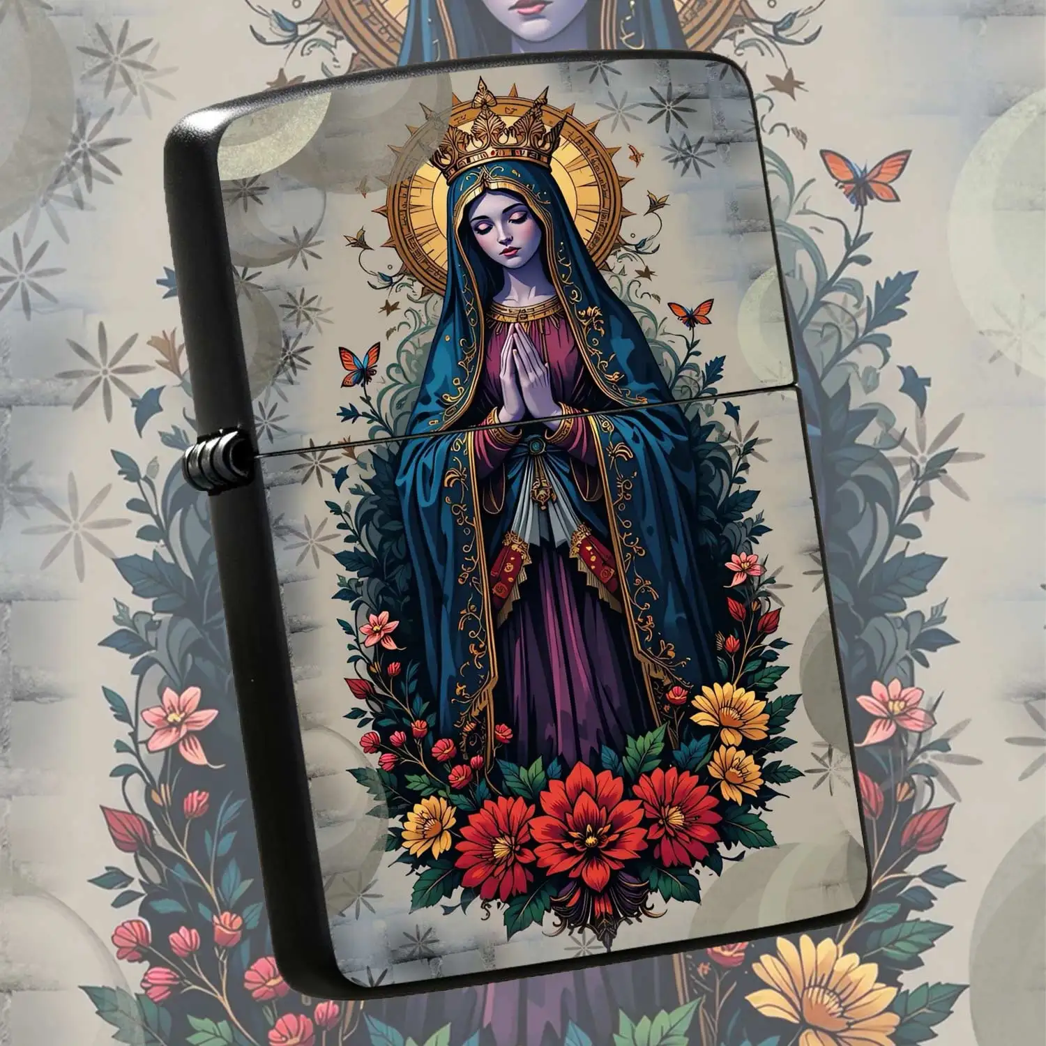 Reusable Flip-Top Pocket Metal Lighter, Windproof Design with Vintage Virgin Mary & Floral Art Pattern, Refillable Fuel Portable Lighter, Exquisite Religious Themed Decorative Lighter Ideal for& Gift-Giving Humorous and Fun Lighter