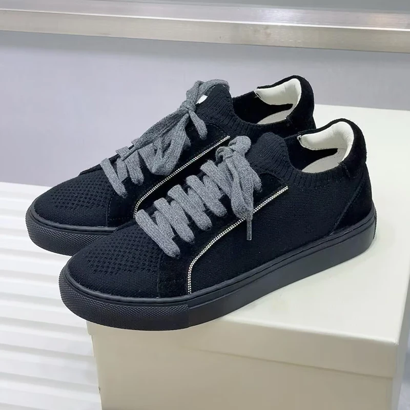 Flats Thick Sole Knitting Elasticity Casual Shoes Women Lace Up Round Toe Beathable Sneakers Spring Autumn Walking Board Shoes