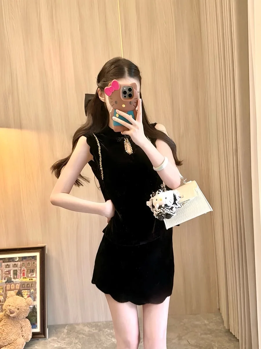 

Elegant Chinese Style Lace Trim Vest Sleeveless Women's Dress Short Skirt Set Lightweight Polyester Autumn Casual Fashion