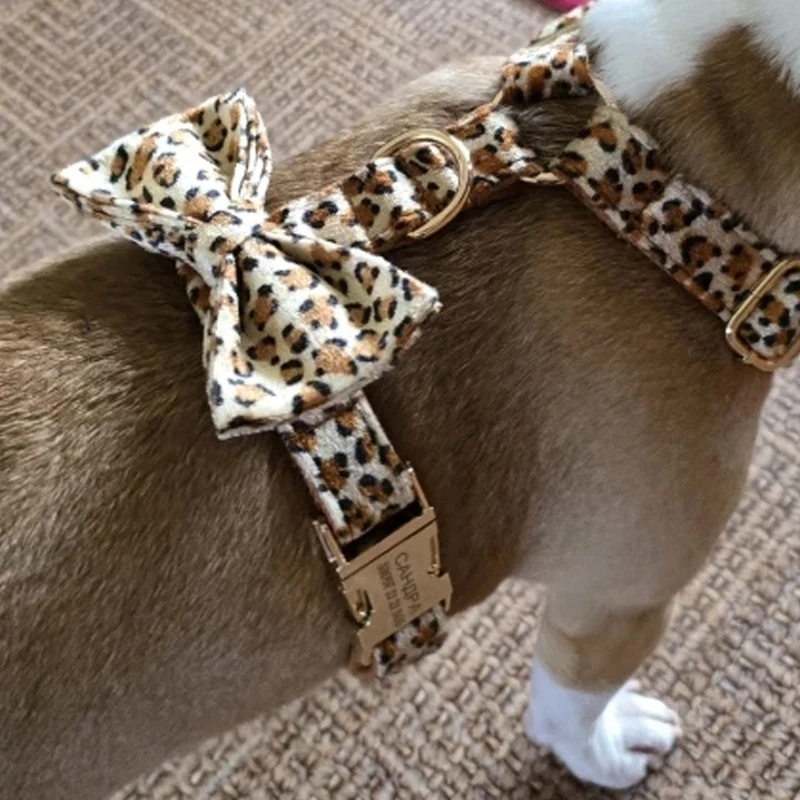 Personalized Leopard Print Designer Dog Collar and Leash with Bow Tie Fashionable Engraved Collar Pet Supplies for Dogs