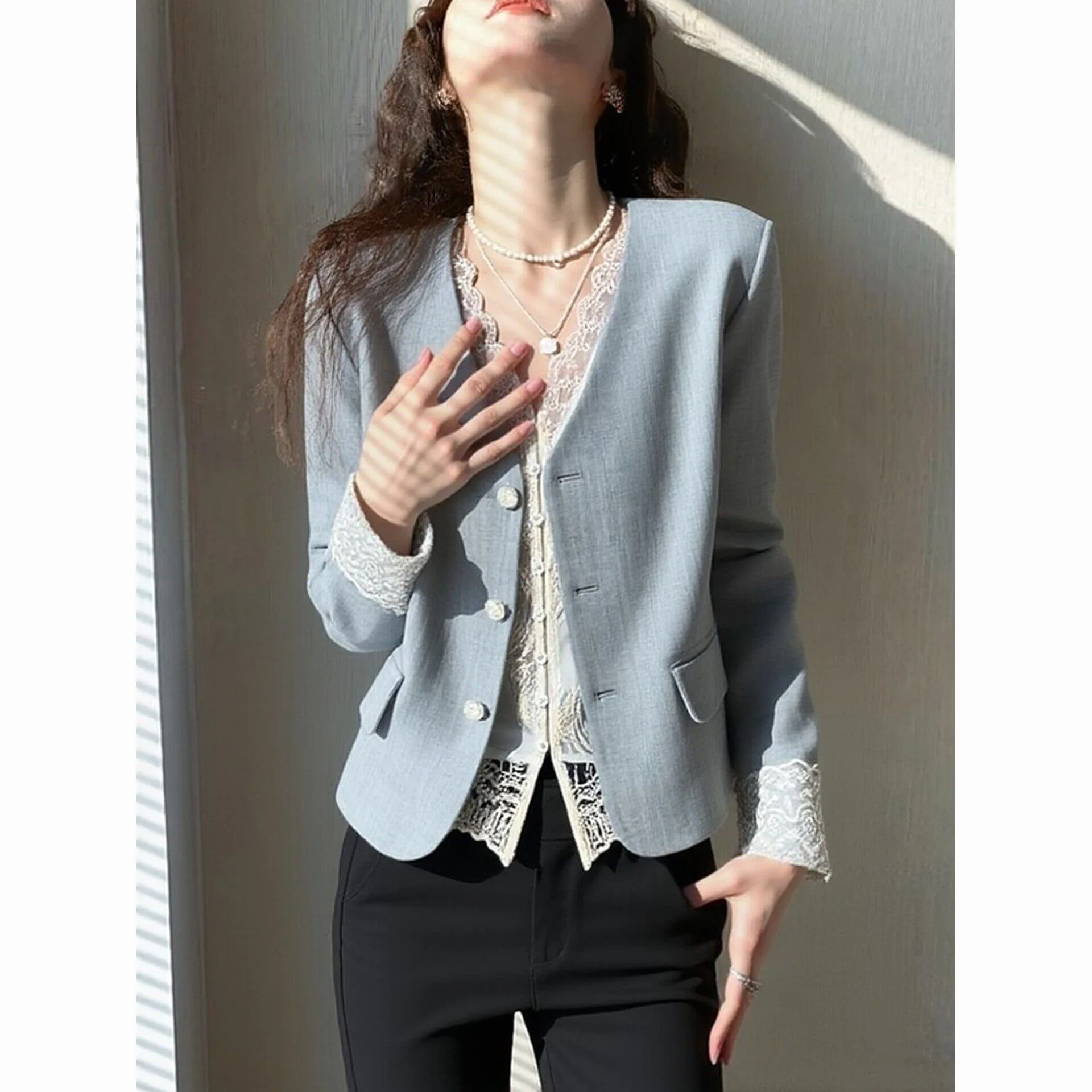 Elegant Blue Small Suit Jacket for Women Commute Professional Workwear Stylish Personality Short Size Polyester Fiber