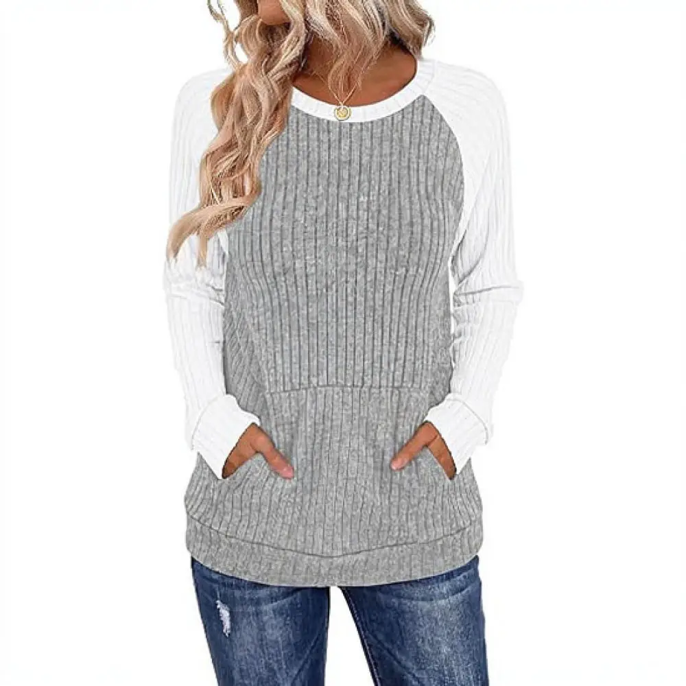 Womens Fashion Autumn Long Sleeve Top Loose Fit Crewneck Brushed Fabric Colorblock Pocket Casual Tee Comfortable Pullover Shirt