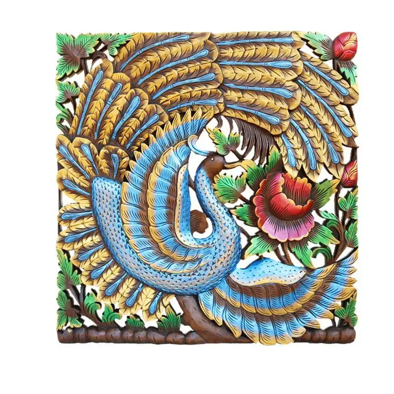 Crafts home solid wood carving colorful peacock hanging board living room partition decoration hollow carving board pendant