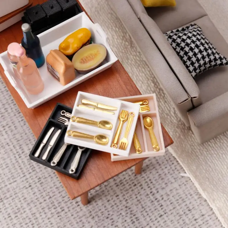 Miniature 1/12 Dollhouse Tableware Organizer, 5pcs Storage Tray for Table Drawers and Dressing Desk, Jewelry Stationery Case.