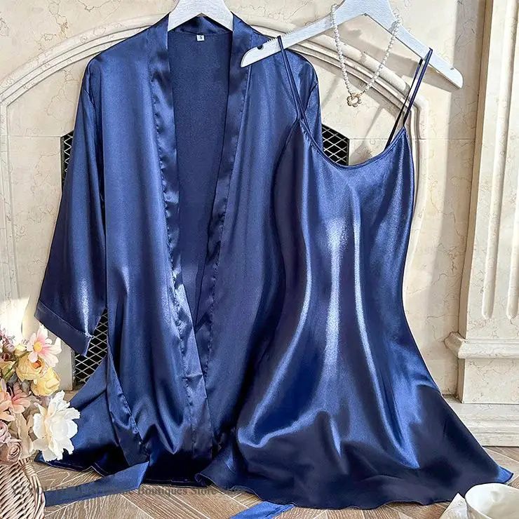 

Spring Summer New Female Twinset Robe Set Nightgown Sexy Ice Silk Kimono Bathrobe Gown Home Clothes Loose Loungewear Lingerie