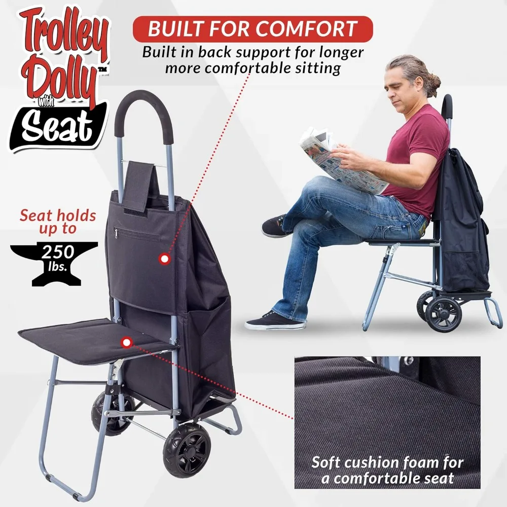 Trolley Dolly with Seat, Black Shopping Grocery Foldable Cart Tailgate
