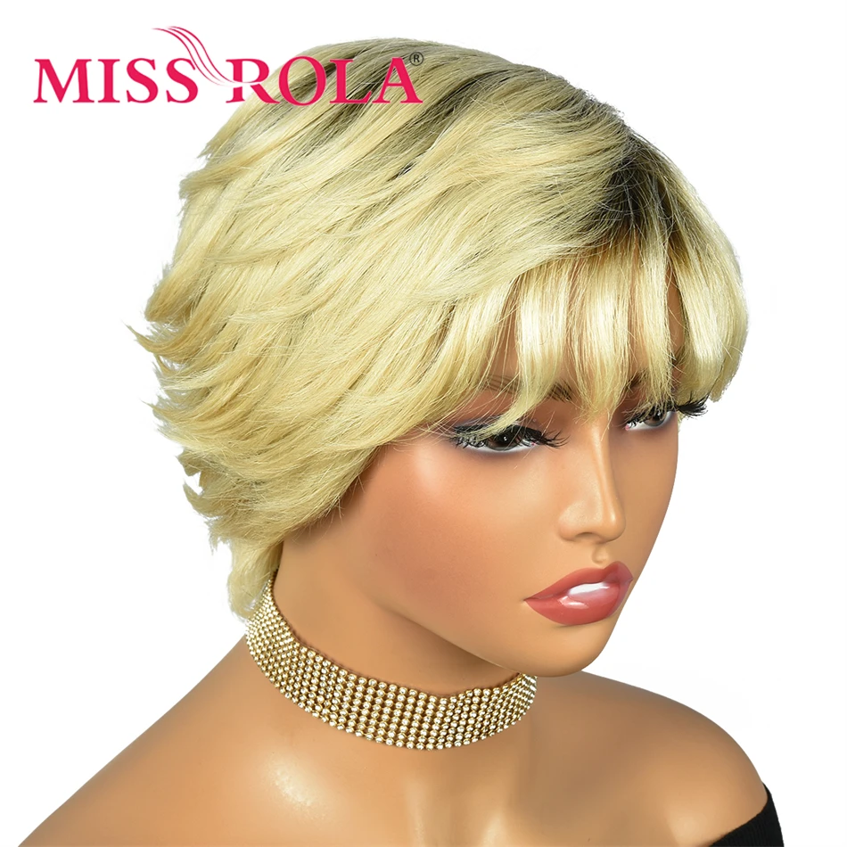 Miss Rola 12A Peruvian Short Pixie Cut Wigs Ombre Hair Highlights Wig Whole Machine Made Human Hair Wigs Remy 180% Density