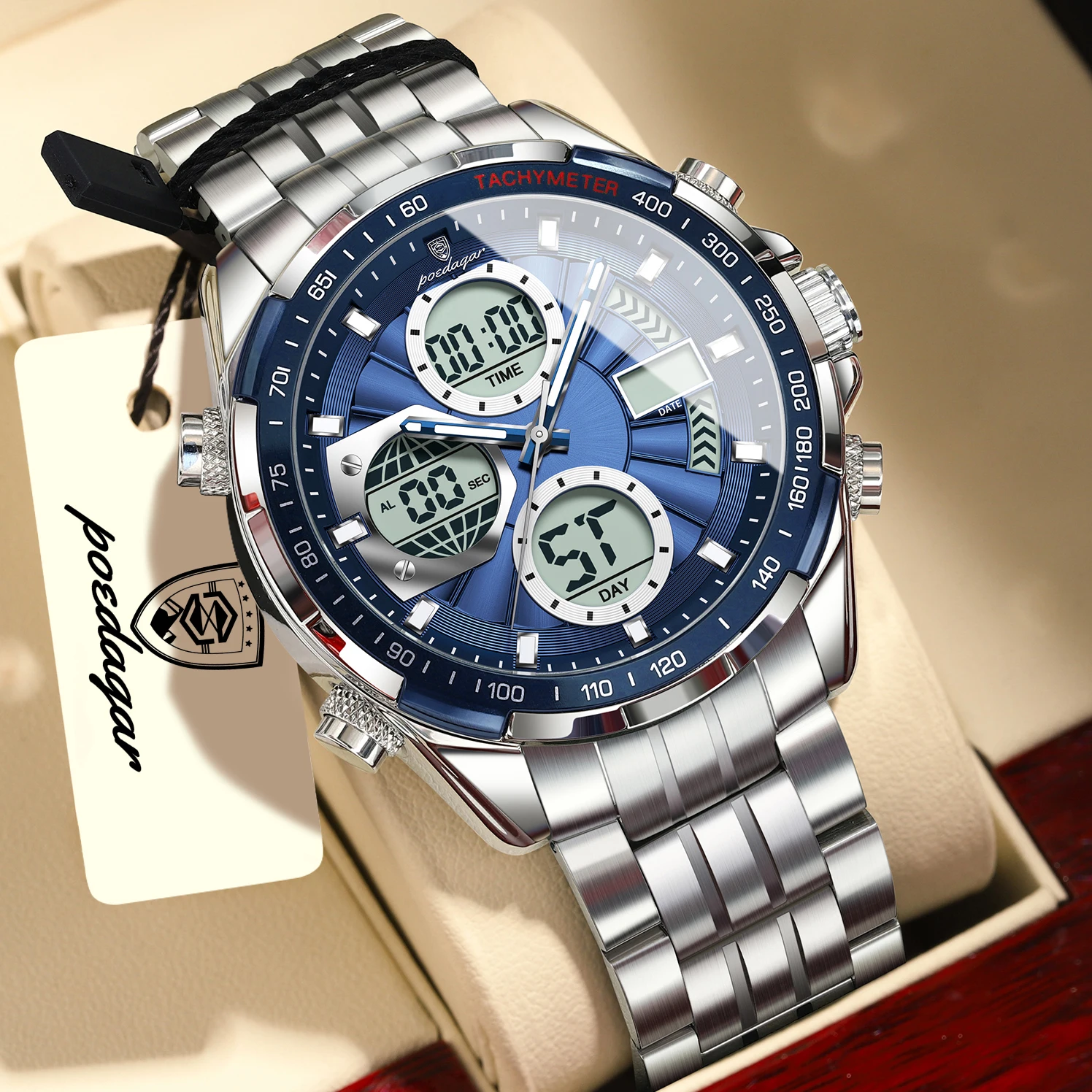 POEDAGAR Fashion Quartz Man Wristwatch Waterproof Electronic LED Men's Watches Dual Time Digital Stainless Steel Men Clock Reloj