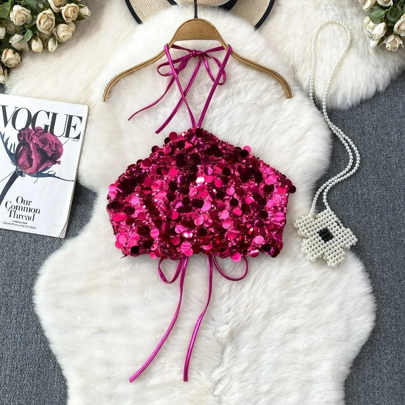 Amerikanische Heiße Mädchen Bling Silber Pailletten Chic Sling Weste Weibliche Sexy 2025, Sommer Neue Slim-fit Halter Tank Camis top