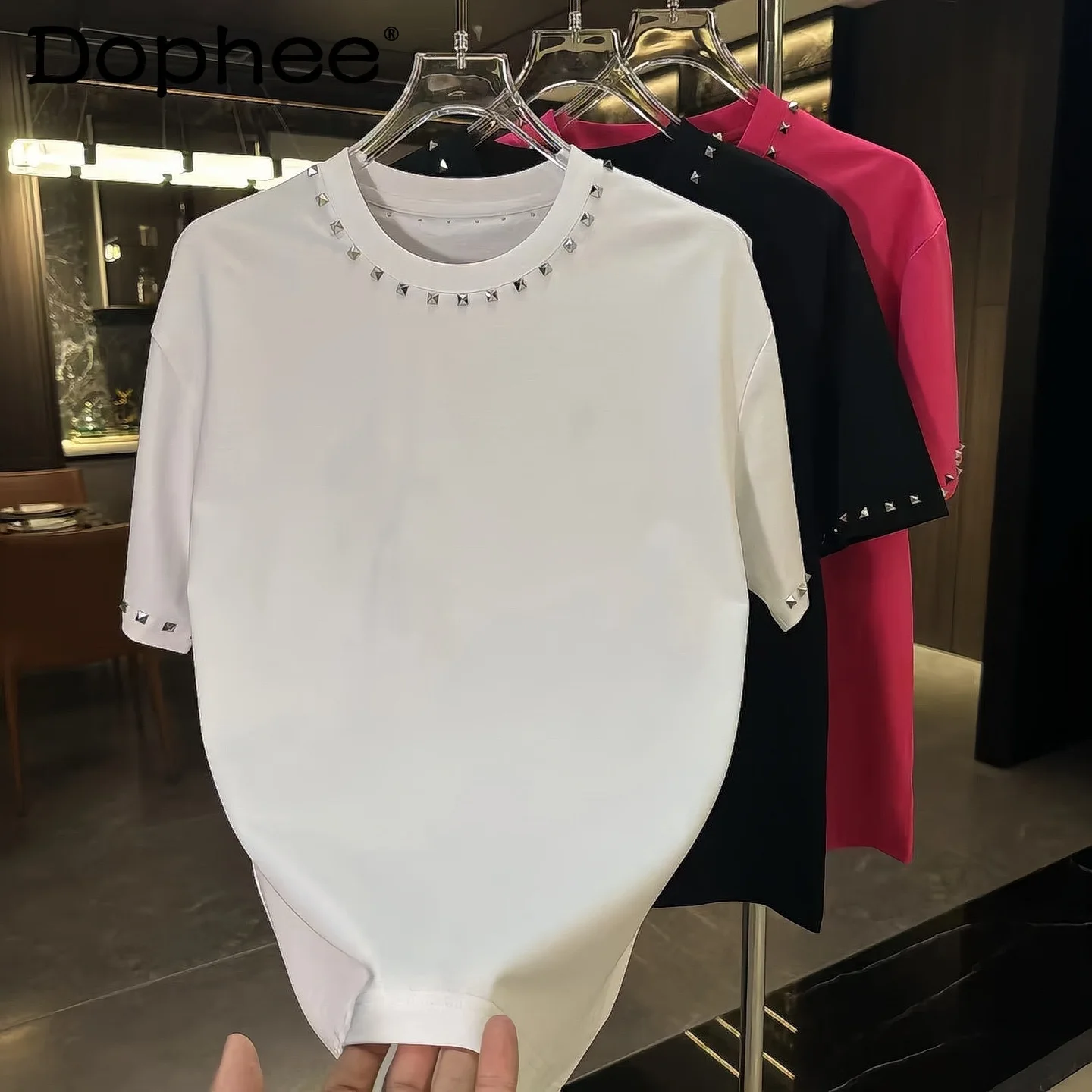 

2025 New American Rivet Short-sleeved T-shirt Handsome Men's High Street Fashion Simple Versatile Crew Neck Casual Top