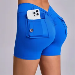 Deep V Back Yoga Shorts Women Pocket Scrunched Butt Gym Leggings High Waist Push Up Tights Booty Sports Shorts Fitness XP346