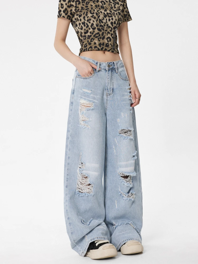 

American Sle Vintage Hole Denim Pants High Waist Loose Straight Floor-Length Wide Leg Spring Summer New Arrival