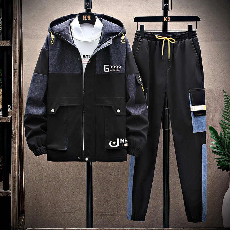 Spring Autumn Men Tracksuit Casual Joggers Hooded Sportswear Jackets Pants 2 Piece Sets Hip Hop Running Sports Suit