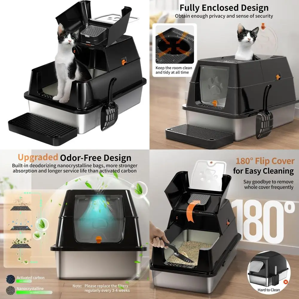 

Очень большой закрытый металлический лоток для кошек с крышкой, высокими бортиками, ступеньками и совком для легкой уборки и контроля запаха