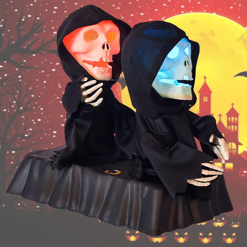 Synchronized Dancing Pumpkin Skeleton Duo Motorized Halloween Animatronic LED Color Fade Sound Effects Yard Terror Tech
