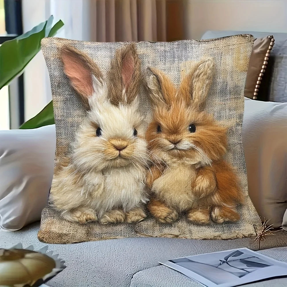 Vintage Cute Bunnies Throw Pillow Cover Felted Rabbits on Linen Decorative Cushion Case for Home Decor
