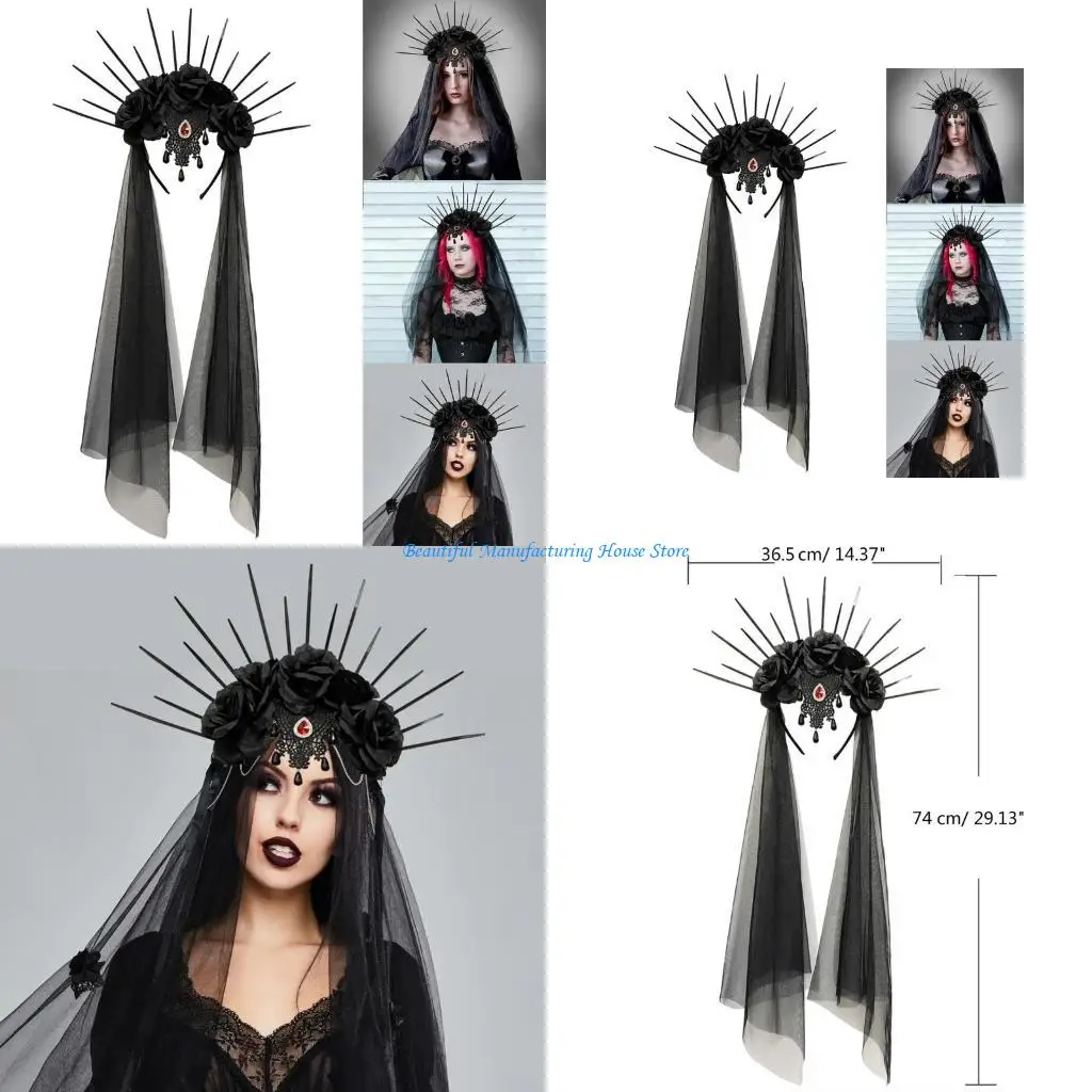 

E56A Halloween Headdress Girl Rose Headband Day of the Dead Long Veil Gothic Hairhoop